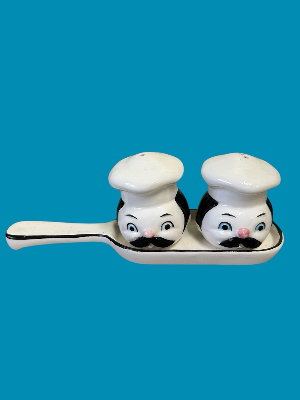 Vintage Chef Head Salt & Pepper Shakers with Paddle Tray | Mid Century Kitchen